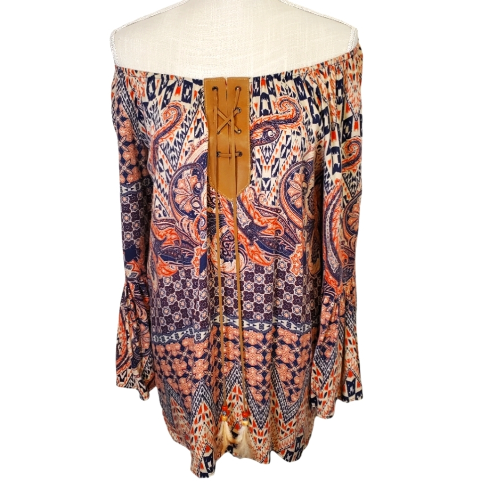 EMMA ROSE | Women's multi-pattern off the shoulder boho blouse. Size small.